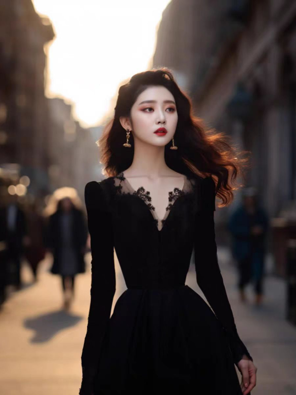 Elegantna duga haljina od baršuna, A‑linija, V izrez, visokim strukom, zatvarač