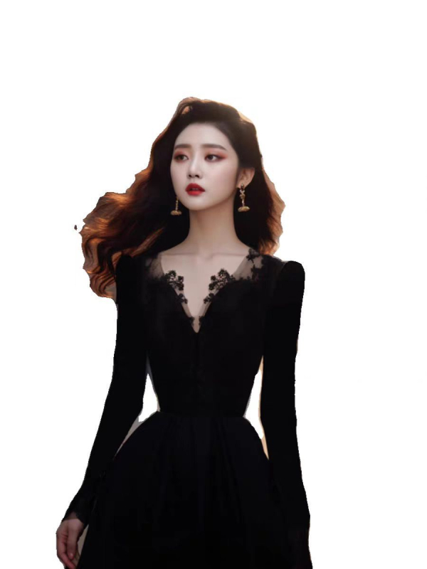 Elegantna duga haljina od baršuna, A‑linija, V izrez, visokim strukom, zatvarač