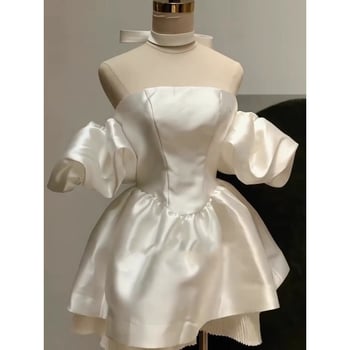 Satenska haljina A-linije s tube-top siluetom, kratkim rukavima, 3D paneliranjem