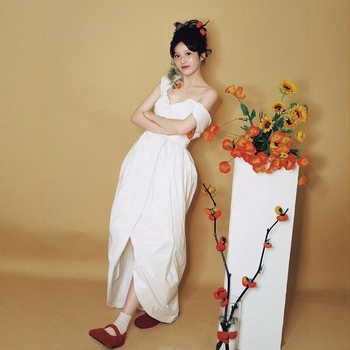 Rochie de logodnă din poliester – croială A-line, pe un umăr, mâneci 3/4, lungă, talie înaltă, primăvara 2026