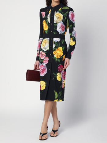 Rochie cu design patchwork, talie înaltă, croială A, mâneci lungi, fermoar