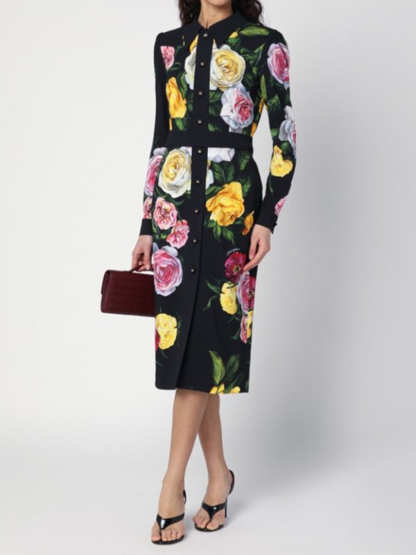 Rochie cu design patchwork, talie înaltă, croială A, mâneci lungi, fermoar