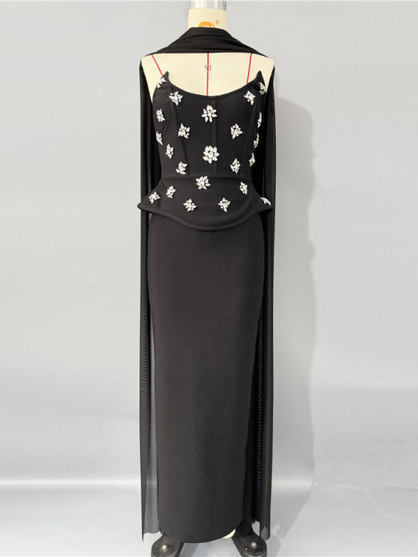 Haljina u bandage stilu s kristalima, bez rukava, midi dužine, visokem struku, pleteni poliester-elastan, stil zvijezde, večernja haljina