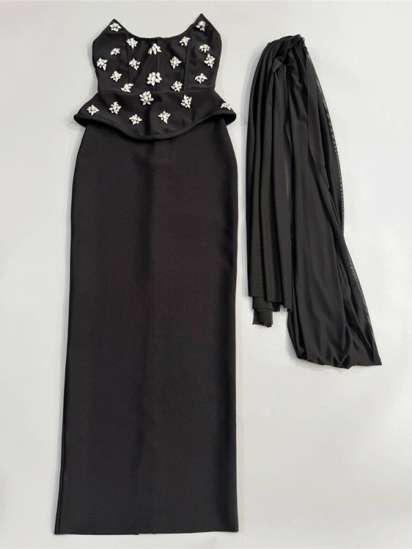 Haljina u bandage stilu s kristalima, bez rukava, midi dužine, visokem struku, pleteni poliester-elastan, stil zvijezde, večernja haljina