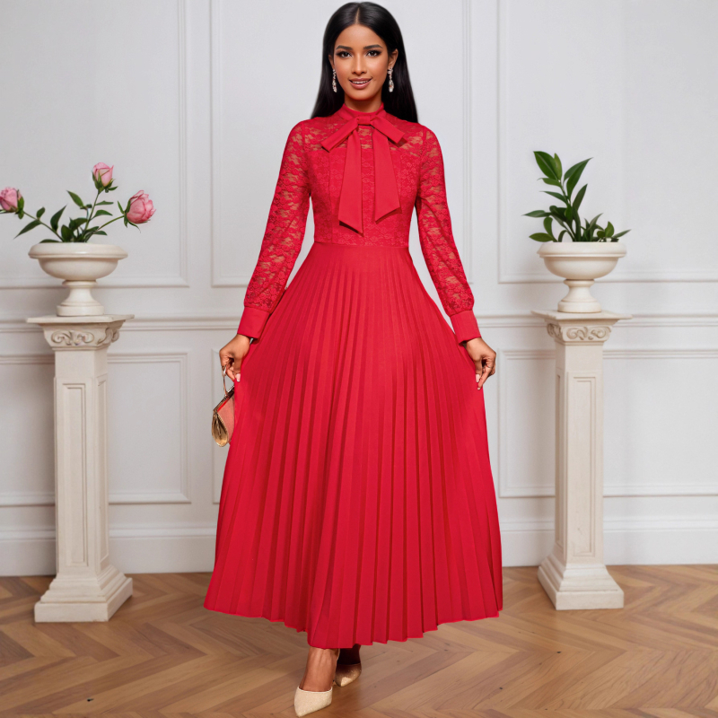 Elegáns hosszú ujjú estélyi ruha, A-vonalú szabás, magas derekú, pliszírozott hosszú szoknya