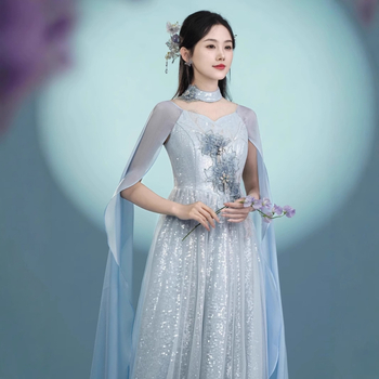 Rochie de seară din poliester, vara 2025, guler înalt, mâneci lungi, croială în formă A