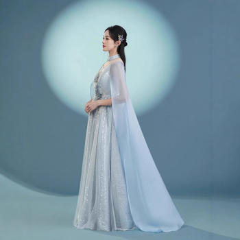 Rochie de seară din poliester, vara 2025, guler înalt, mâneci lungi, croială în formă A