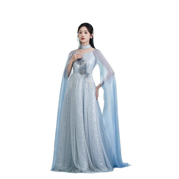 Rochie de seară din poliester, vara 2025, guler înalt, mâneci lungi, croială în formă A