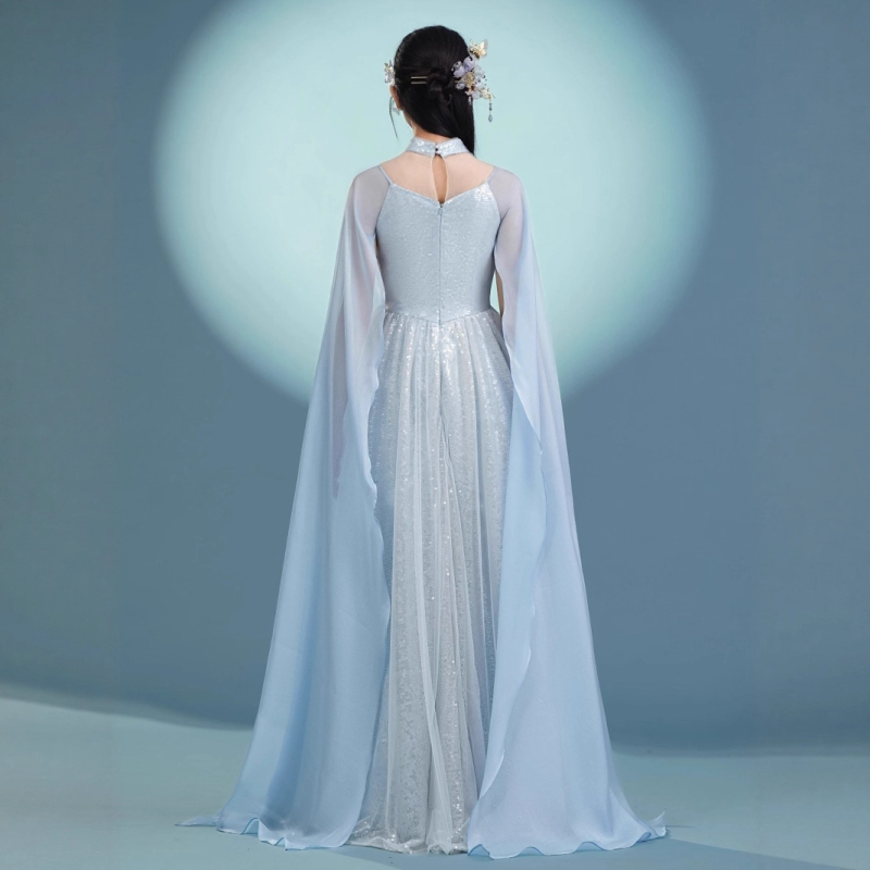 Rochie de seară din poliester, vara 2025, guler înalt, mâneci lungi, croială în formă A