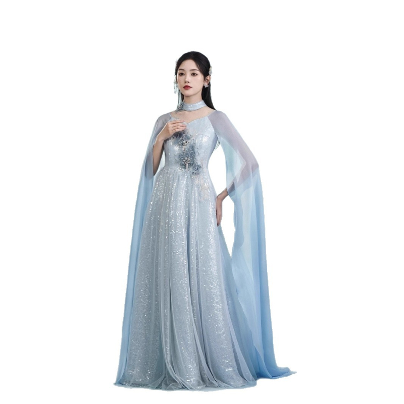 Rochie de seară din poliester, vara 2025, guler înalt, mâneci lungi, croială în formă A