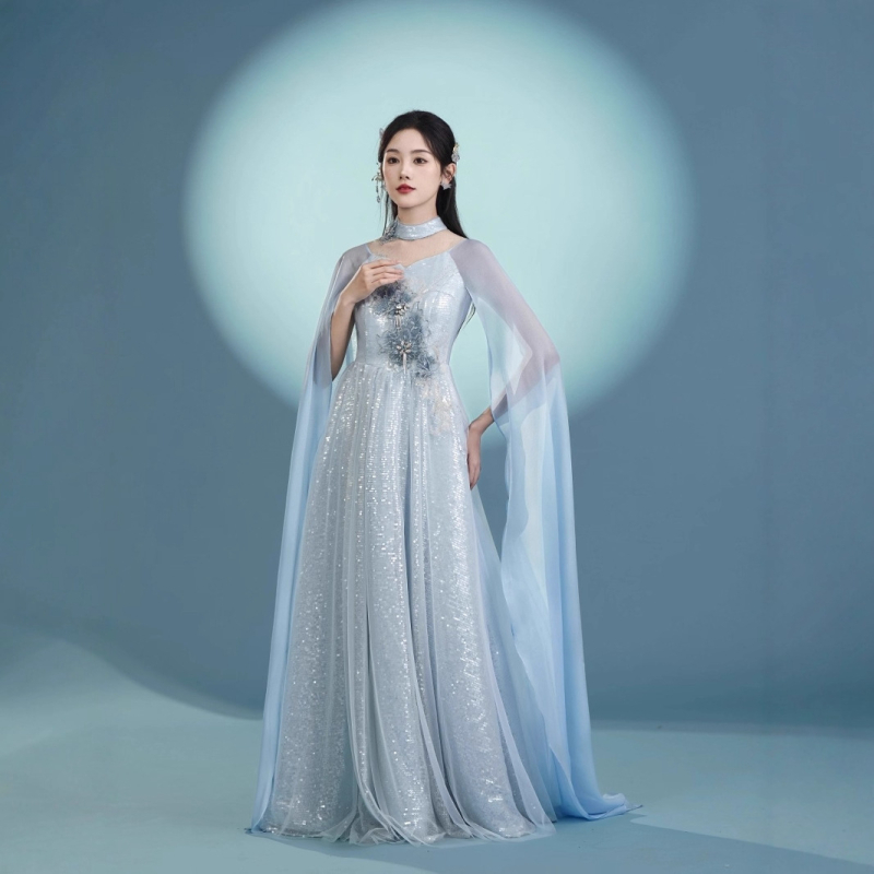 Rochie de seară din poliester, vara 2025, guler înalt, mâneci lungi, croială în formă A