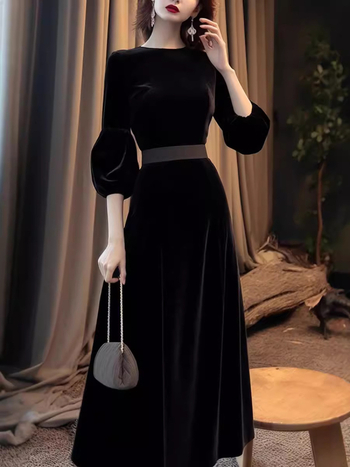 Haljina u Hepburn stilu za formalne prilike od velura, A-linije, duga suknja, okrugli izrez, 3/4 lampasti rukavi, visok struk