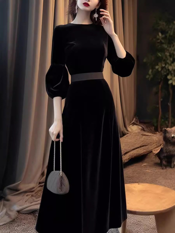 Haljina u Hepburn stilu za formalne prilike od velura, A-linije, duga suknja, okrugli izrez, 3/4 lampasti rukavi, visok struk