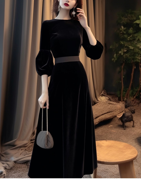 Haljina u Hepburn stilu za formalne prilike od velura, A-linije, duga suknja, okrugli izrez, 3/4 lampasti rukavi, visok struk