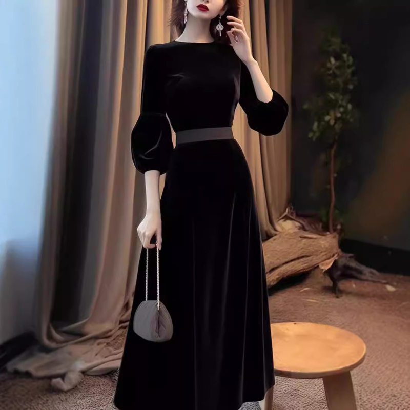 Haljina u Hepburn stilu za formalne prilike od velura, A-linije, duga suknja, okrugli izrez, 3/4 lampasti rukavi, visok struk