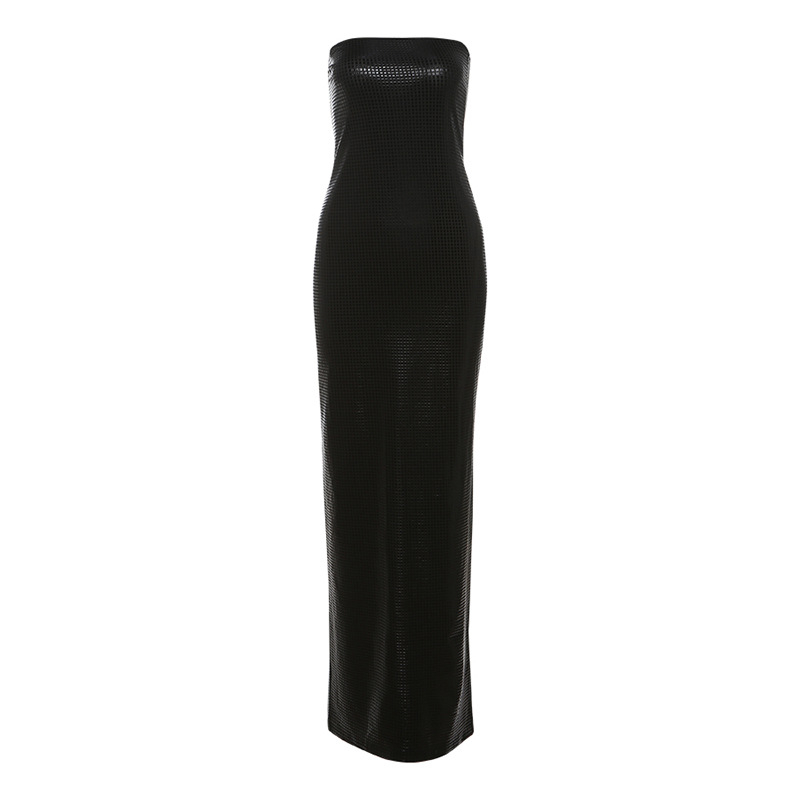 Bez rukava haljina s tube-top krojem, visokim strukom, dugačak prilagodljiv silueta, poliester-elastan.