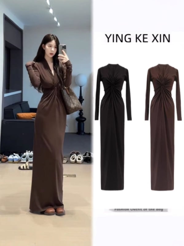 Haljina s V-dekolteom, dugim rukavima, visokim strukom i uskim krojem koji naglašava bokove, poliester