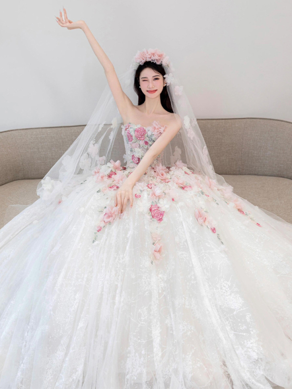 Vjenčana haljina s A-linijom siluete, tube-top, bez rukava, duga suknja, jesen 2025