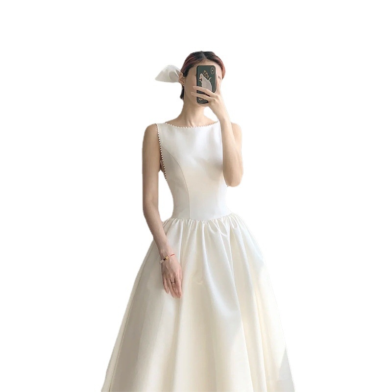 Saten vjenčana haljina, A-line, bez rukava, visokim strukom, duga haljina, 70-80% poliester