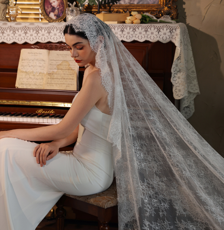 V528 menyasszonyi fátyol eyelash csipkével, nylon, vintage stílus, csipke, származás: Suzhou