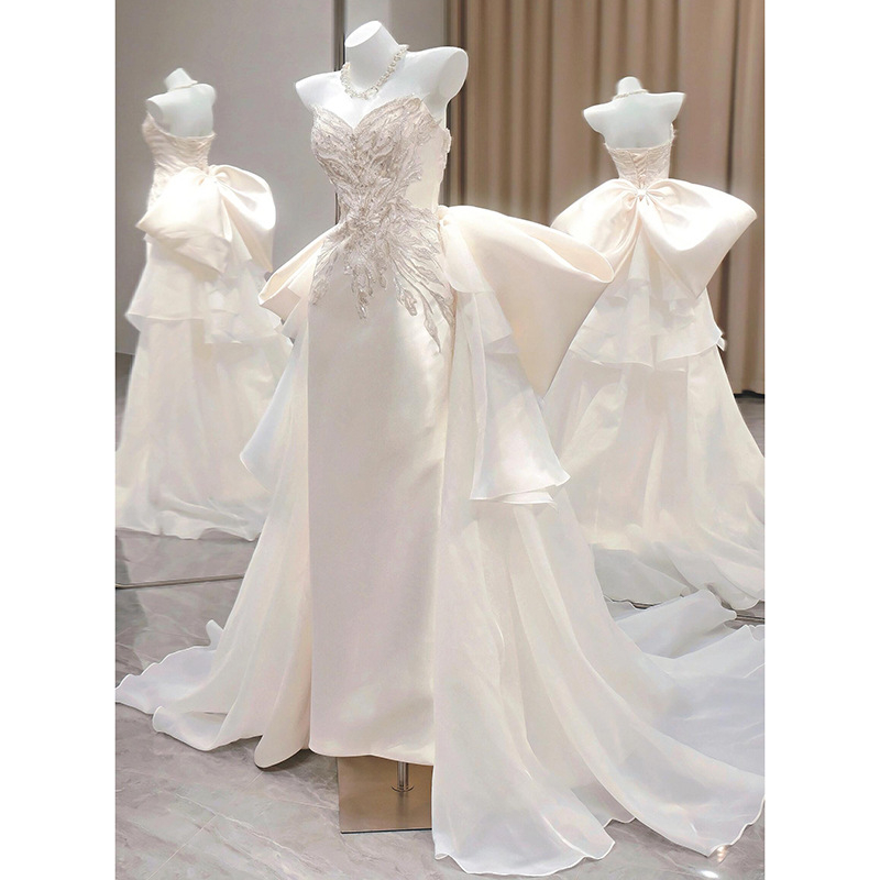 Vjenčana haljina bez naramenica, A-linija, duga suknja, satenski poliester smjesa 70–80% poliester