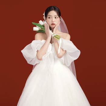 Vjenčana haljina s jednim ramenom, uska mašna, puff suknja do poda, veo