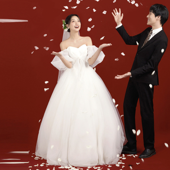 Vjenčana haljina s jednim ramenom, uska mašna, puff suknja do poda, veo