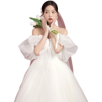 Vjenčana haljina s jednim ramenom, uska mašna, puff suknja do poda, veo