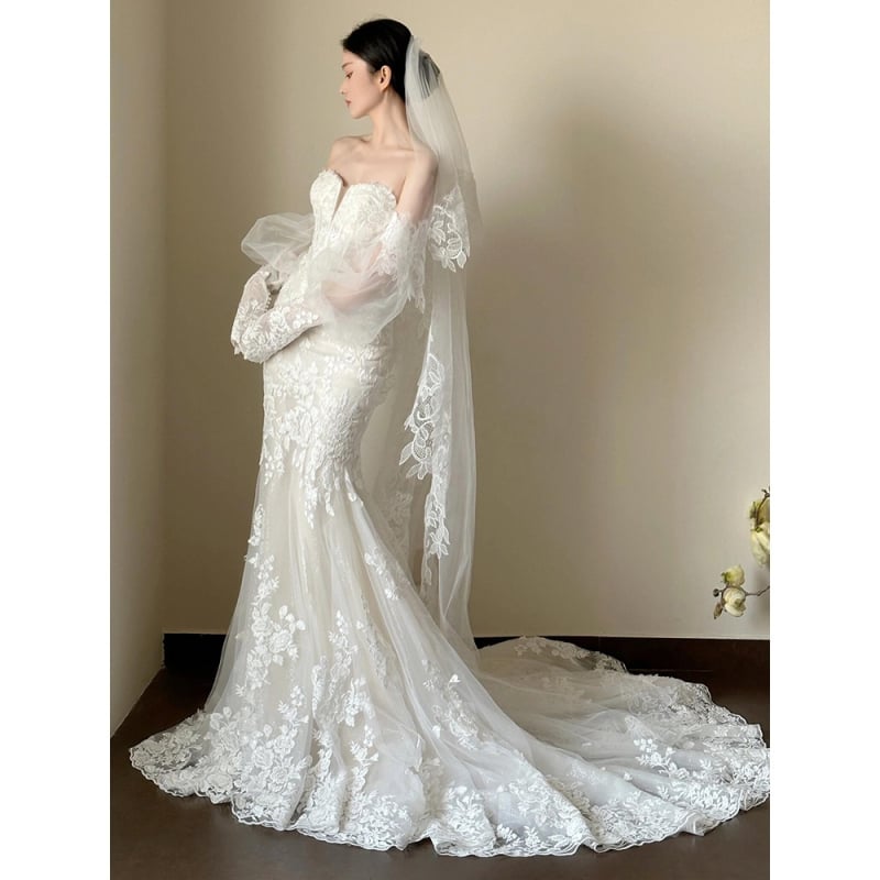 Čipkasta vjenčana haljina, sirena kroja s jednim ramenom, bez rukava, duga suknja