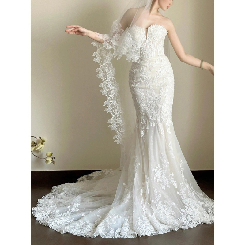 Čipkasta vjenčana haljina, sirena kroja s jednim ramenom, bez rukava, duga suknja