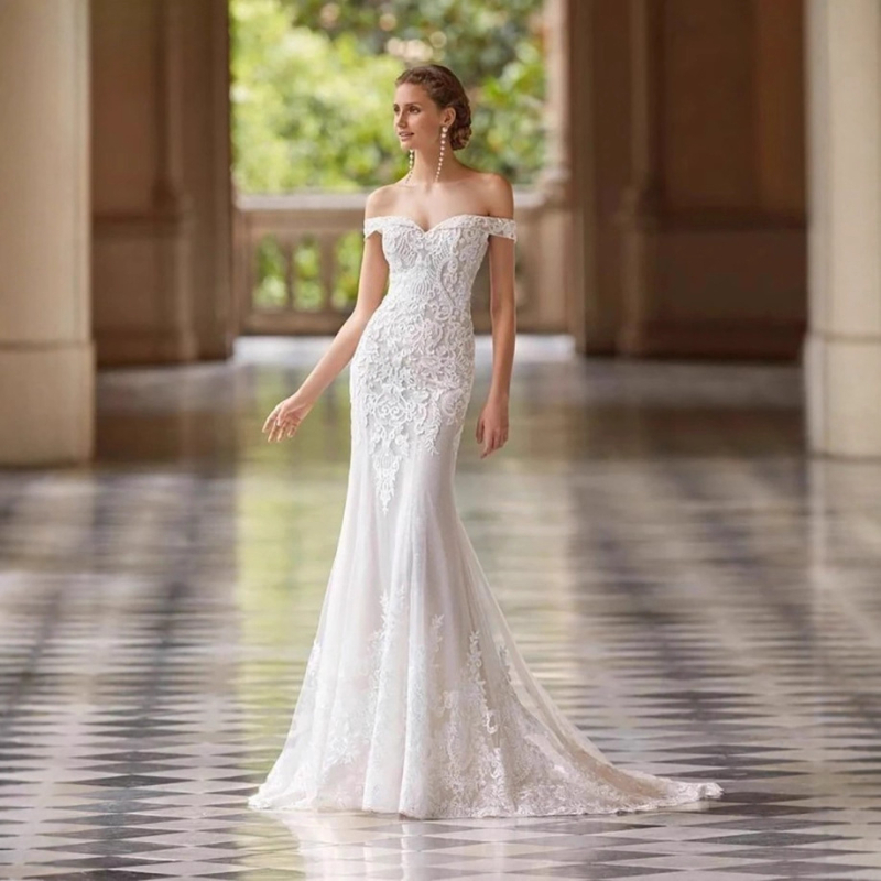 Egy vállú menyasszonyi ruha, uszályos fazon a dereknél, háromnegyedes ujjak, hosszú szoknya, poliészter