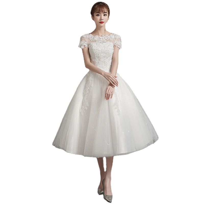 Esküvői ruha midi hossz, magas derék, fél ujjú, tüll szoknya, poliészter háló