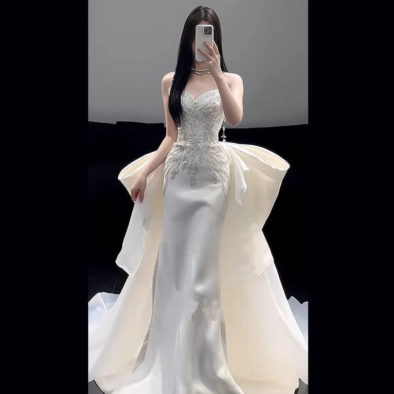 Vjenčana haljina, A-linija, bez naramenica, riblja rep, Chenille tkanina, 70–80% spandex