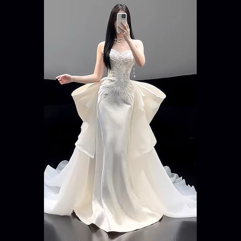 Vjenčana haljina, A-linija, bez naramenica, riblja rep, Chenille tkanina, 70–80% spandex