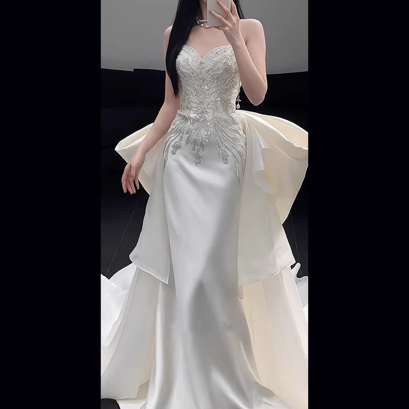 Vjenčana haljina, A-linija, bez naramenica, riblja rep, Chenille tkanina, 70–80% spandex