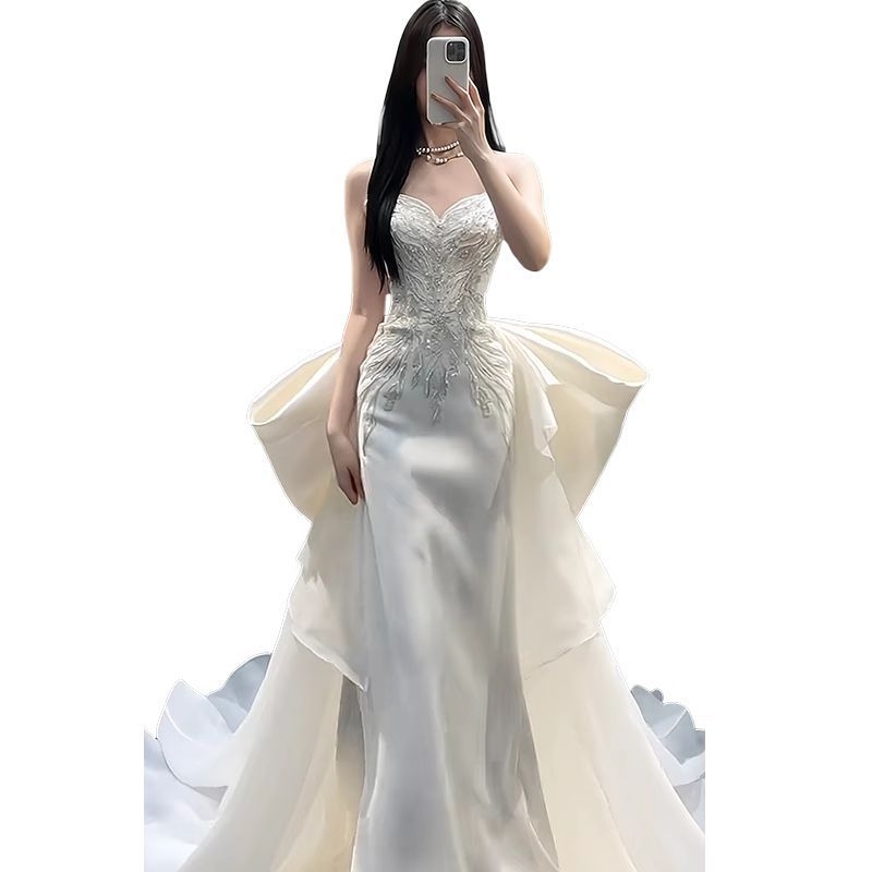 Vjenčana haljina, A-linija, bez naramenica, riblja rep, Chenille tkanina, 70–80% spandex