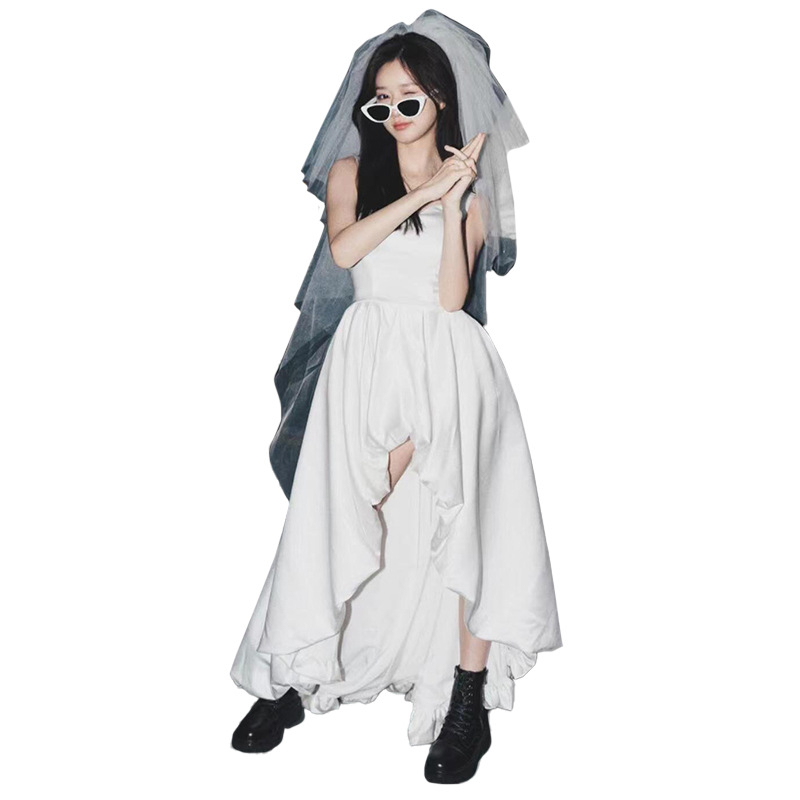 Vjenčana haljina na tanke naramenice, bez rukava, A-linija, duga, poliester