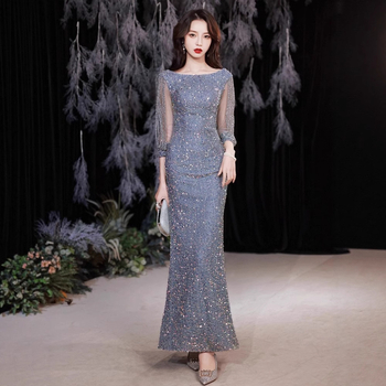 Sellő fazonú estélyi ruha, A-vonalú siluett, hosszú ujjú, hosszú ruha, poliészter 70–80%