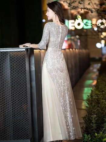 Večernja haljina A-linije, duga, visok struk, rukavi 3/4; tkanina: acetat 95%+, poliester 70–80%