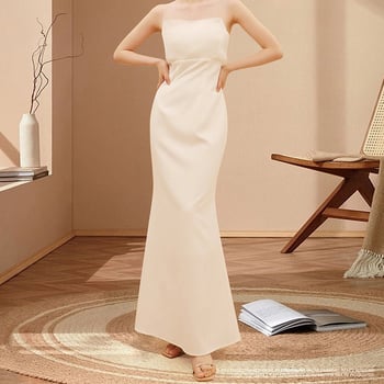 Hepburn-stílusú esküvői ruha, magas derekú, uszályos sziluettel, ujjatlan, hosszú ruha, poliészter anyag