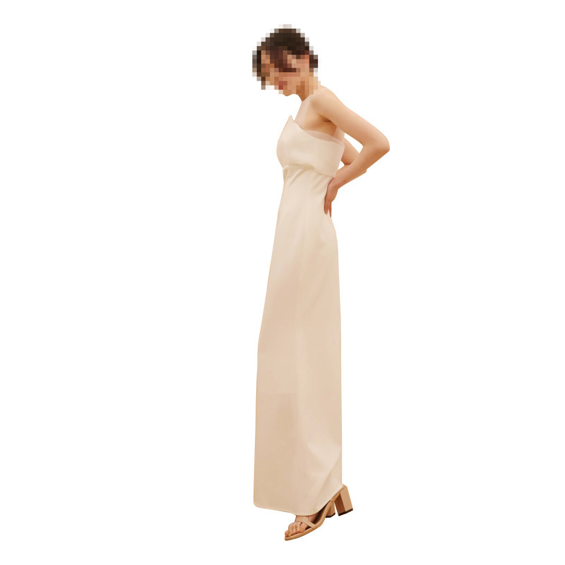 Hepburn-stílusú esküvői ruha, magas derekú, uszályos sziluettel, ujjatlan, hosszú ruha, poliészter anyag