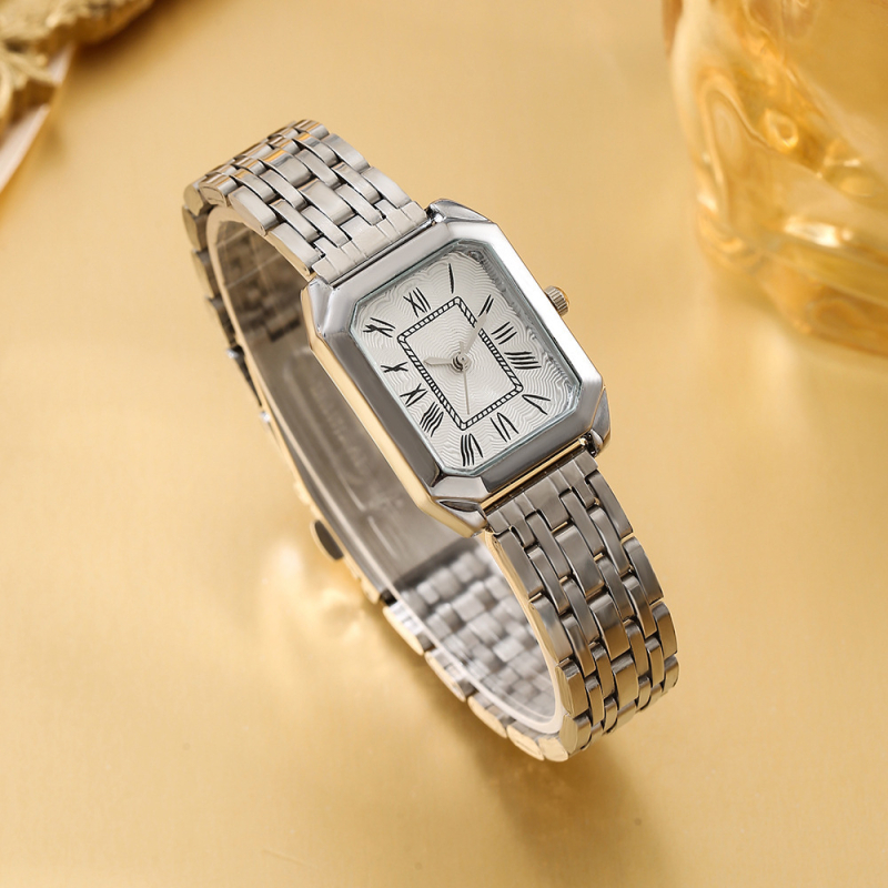 Ceas de damă cu brățară din oțel, cadran pătrat cu cifre romane, mișcare cuarț Ainovasch, carcasă din aliaj zinc, brățară din aliaj