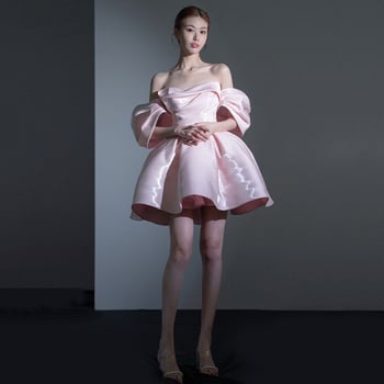 Estélyi ruha váll nélküli dekoltázs, A-vonalú sziluett, magas derék, háromnegyed ujjak, rövid szoknya (polyester)