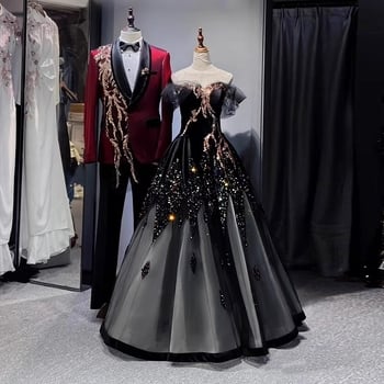 Női estélyi ruha, váll nélküli, A-vonalú, magas derék, 3/4 ujjak, hosszú szoknya