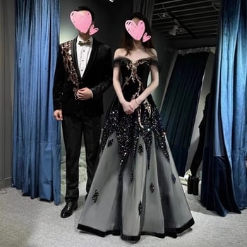 Női estélyi ruha, váll nélküli, A-vonalú, magas derék, 3/4 ujjak, hosszú szoknya