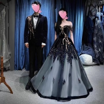 Női estélyi ruha, váll nélküli, A-vonalú, magas derék, 3/4 ujjak, hosszú szoknya