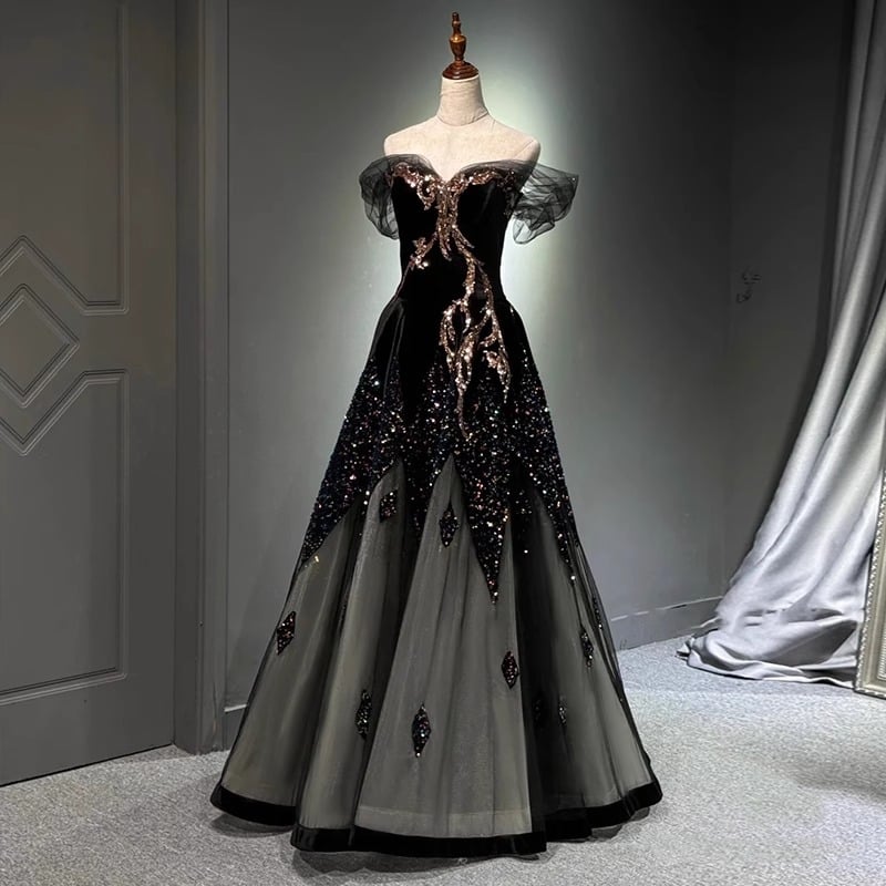 Női estélyi ruha, váll nélküli, A-vonalú, magas derék, 3/4 ujjak, hosszú szoknya