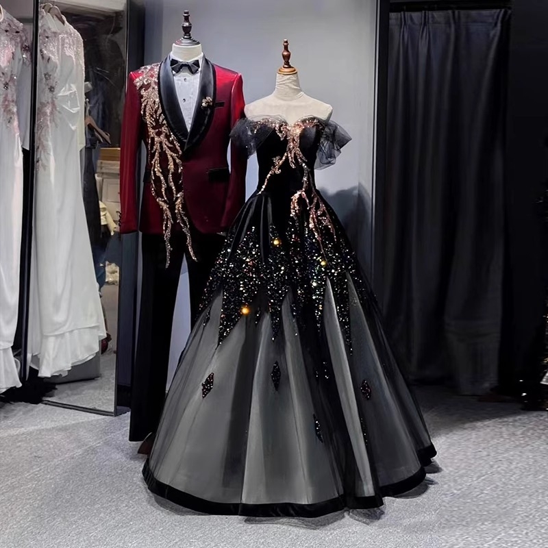 Női estélyi ruha, váll nélküli, A-vonalú, magas derék, 3/4 ujjak, hosszú szoknya