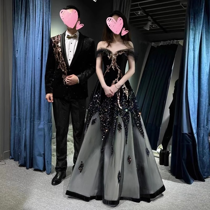 Női estélyi ruha, váll nélküli, A-vonalú, magas derék, 3/4 ujjak, hosszú szoknya