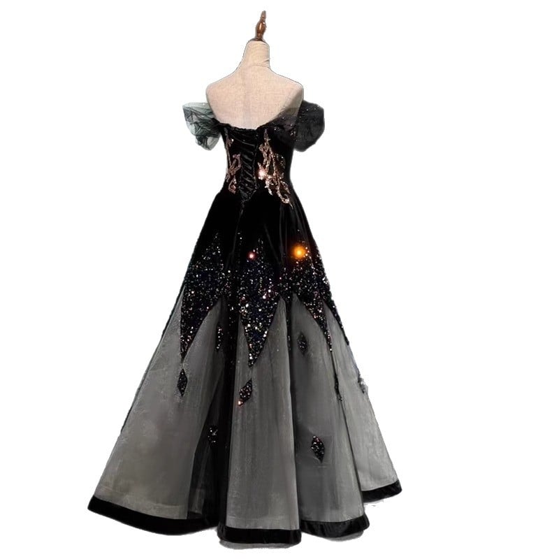 Női estélyi ruha, váll nélküli, A-vonalú, magas derék, 3/4 ujjak, hosszú szoknya